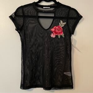 Black Mesh Sheer Rose Embroidery Patch Cut Out Short Sleeve Stretchy Shirt S NWT